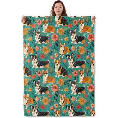 Cute Corgi and Floral Blanket: A Playful Dog Pattern for Your Couch
