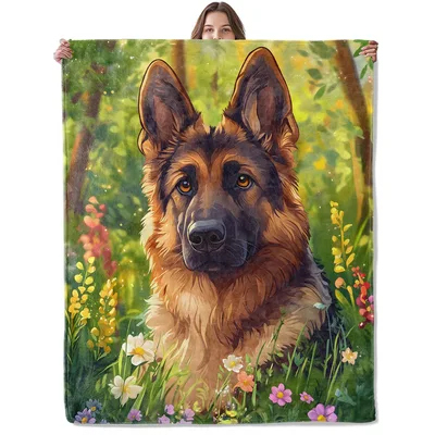 German Shepherd in Flower Blanket: Forest Floral Dog Art