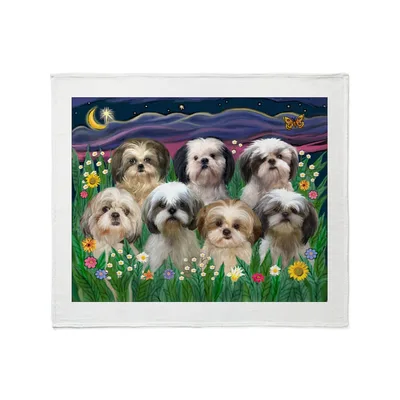 Seven Shih Tzus Blanket: Moonlight Garden Art for Dog Lovers