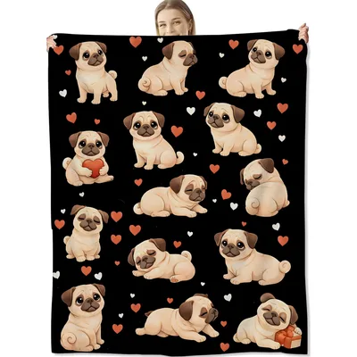 Cute Pugs with Hearts Blanket: Adorable Pug Pattern for Dog Lovers