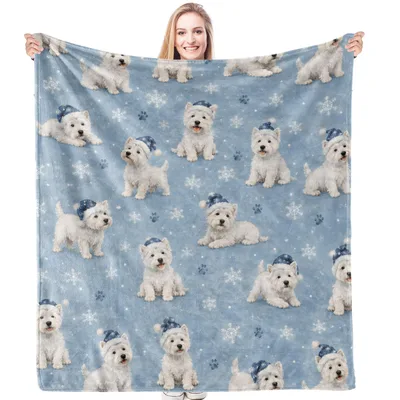 Westie Dogs Winter Pattern Blanket: Fluffy Dogs in Santa Hats