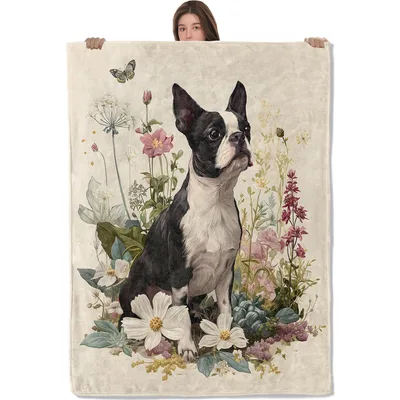 Boston Terrier with Flowers Blanket: Vintage Dog and Wildflower Art