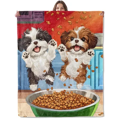 Shih Tzu Puppies Leaping Blanket: Joyful Dogs Jumping for Kibble