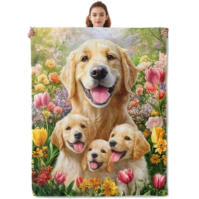 Golden Retriever Family Blanket: Happy Pups in a Spring Flower Garden