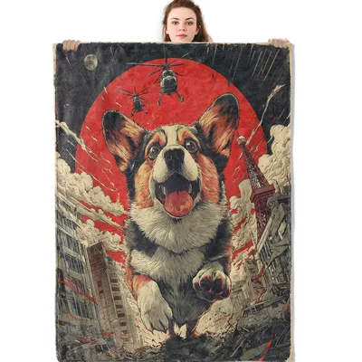 Corgi in Monster City Blanket: Giant Corgi Tokyo Apocalypse Art