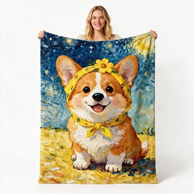Corgi Starry Night Oil Blanket: Whimsical Corgi in Impasto Style