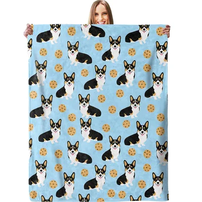 Corgi Pattern with Paw Blanket: Corgies and Cookies on Blue
