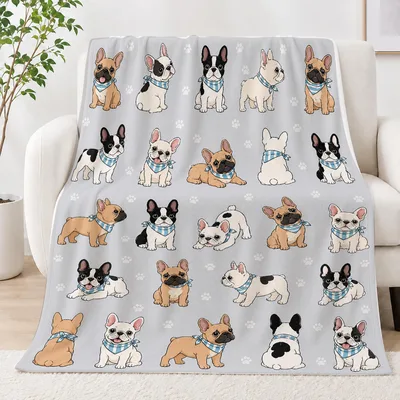 French Bulldog Pattern on Gray Blanket: Cute Pups with Blue Bandanas