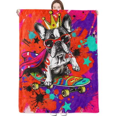 Graffiti French Bulldog Blanket: Cool Dog with Crown and Skateboard