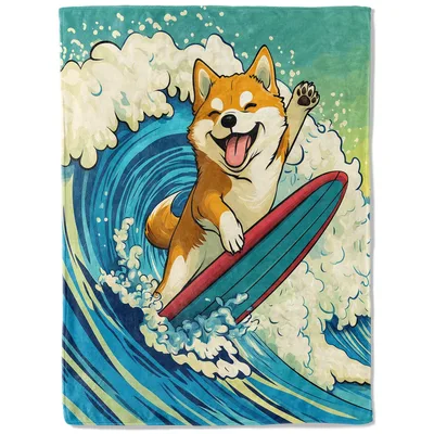 Shiba Inu Surfing Wave Blanket: Joyful Dog on a Board