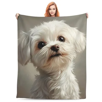 Maltese Dog Portrait Blanket: Fluffy White Canine Art for Lovers