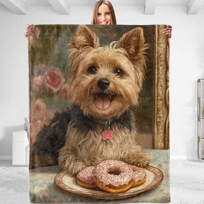 Yorkie with Donut Blanket featuring a happy Yorkshire Terrier