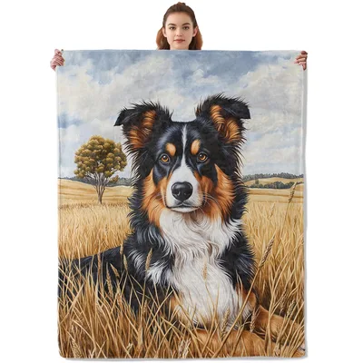 Australian Shepherd in Field Blanket: Realistic Art of a Dog in Wheat