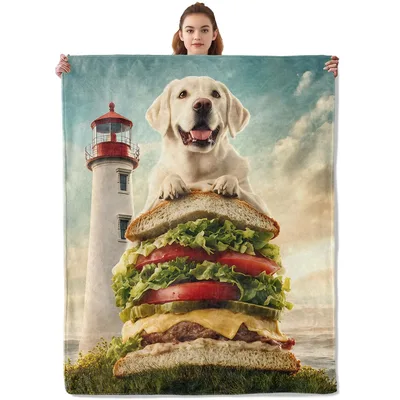 Labrador with Hamburger Blanket featuring a happy yellow lab posing