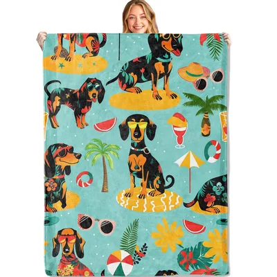 Tropical Dachshund Hawaiian Pattern Blanket: Fun Dog Beach Throw