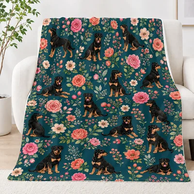 Dachshund Pattern with Pink Roses Blanket