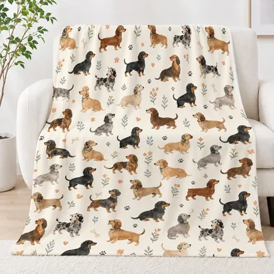 Dachshund Pattern on Cream Blanket: Watercolor Sausage Dog Throw