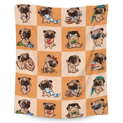 Pug Pattern on Orange Blanket: A Checkerboard of Cartoon Pugs