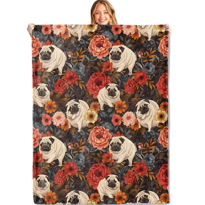 Pugs Among Red Roses Blanket: Floral Pug Print for Dog Lovers