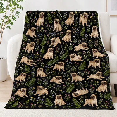 Pug Dogs Pattern Blanket No. 2: Vintage Floral Pug Throw