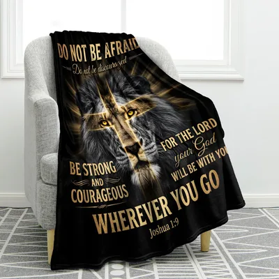 Lion Cross Blanket - Joshua 1:9 Bible Verse Design