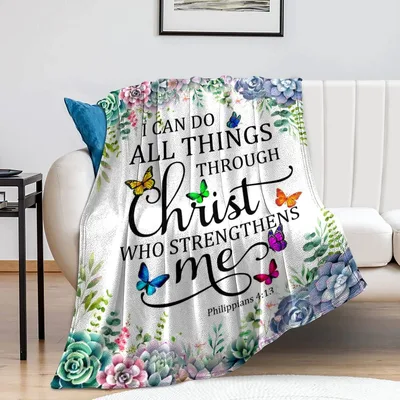 I can Do All Things Blanket with Butterflies and Succulents Design