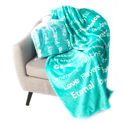 Inspirational Prayer Blanket with Faith Words Across Teal Fleece