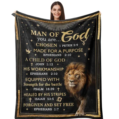 Christian Lion Bible Verses Blanket - Man of God Design