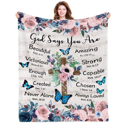 Christian Bible Verse Cross Blanket with Floral and Butterfly Design
