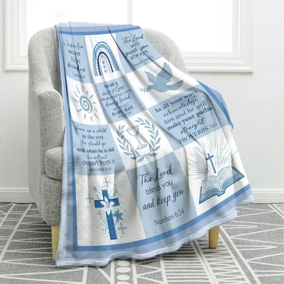 Bible Verse Blue Faith Blanket with Scriptural Promises and Symbols