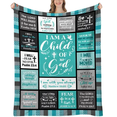Teal Scripture Patchwork Faith Blanket: I Am a Child of God Design