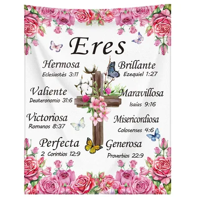 Spanish Bible Verses Cross Blanket with Roses and Scriptural Promises