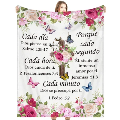 Spanish Bible Verses Floral Blanket with Cross and Roses