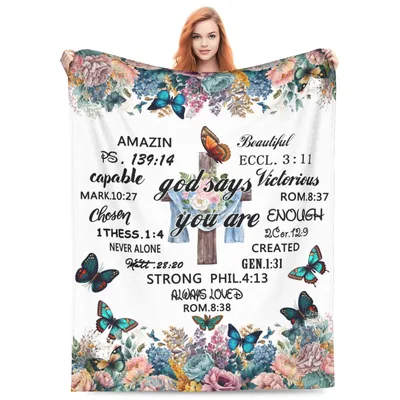 Inspirational Bible Verse Blanket with Cross and Butterflies