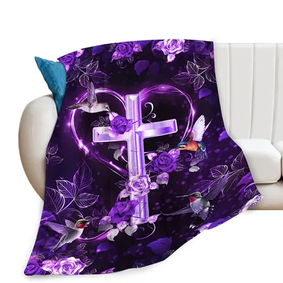 Purple Cross Blanket with Hummingbirds and Roses