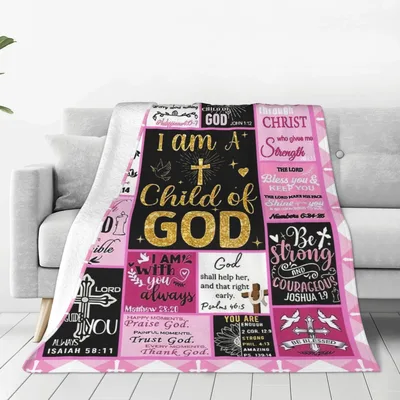 Pink Faith Patchwork Scripture Blanket: I am a Child of God Design