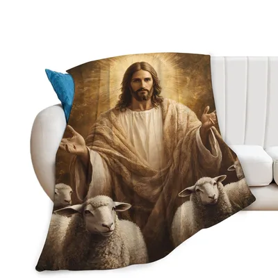 Jesus Christian Faith Blanket: A Serene Image of Shepherds and Sheep