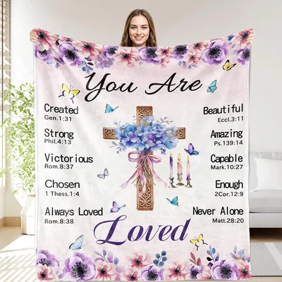You Are Loved Bible Verses Cross Blanket Floral Design