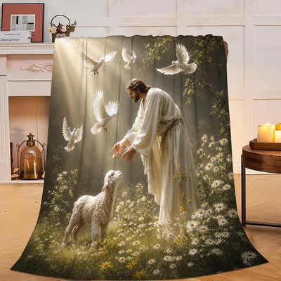 Jesus Lamb Religious Art Blanket featuring a peaceful scene