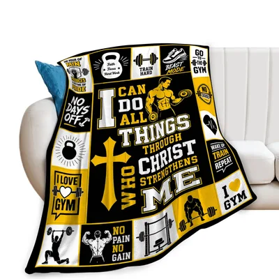 Gym Faith Workout Men Blanket with Bible Verse and Gym Icons