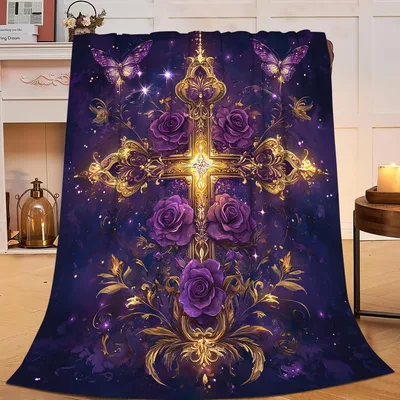 Golden Cross Blanket with Purple Roses and Butterflies