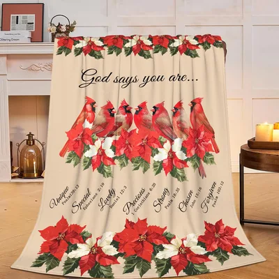 Poinsettia Christmas Blanket with Cardinals and Bible Verses