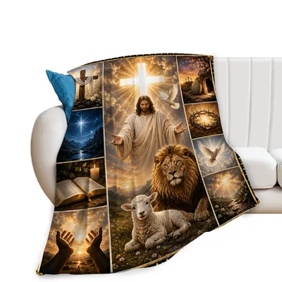 Faith Collage Blanket: Cross, Lion and Lamb Scenes