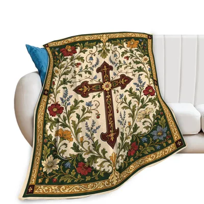 Christian Cross Floral Blanket: Vintage Ornate Design for Faith