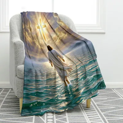 Jesus Christ Cross Blanket: Walking on Water at Dawn
