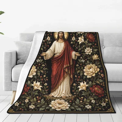 Jesus Religious Floral Blanket: Classic Art with Lilies and Peonies
