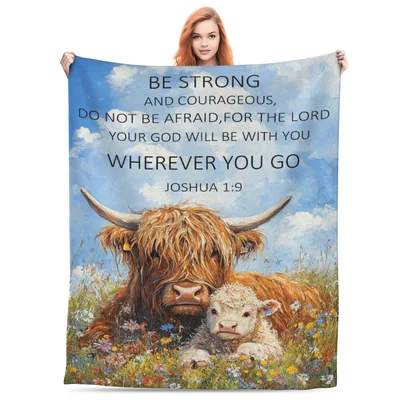 Highland Cow Bible Verse Blanket: Joshua 1:9 and Shaggy Cattle Art
