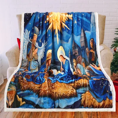 Nativity Scene Blanket: A Starry Christmas Night in Blue and Gold