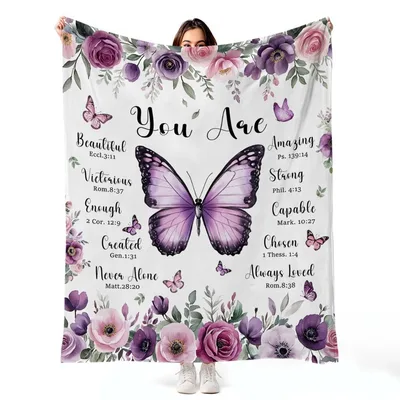 You Are Beautiful Blanket: Purple Butterfly Bible Verse Throw