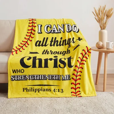 Softball Bible Verse Blanket with Philippians 4:13 and Stitch Design